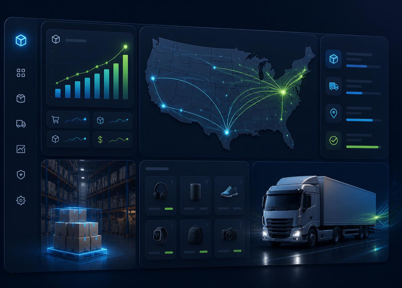 SwiftoGrid BD warehouse dashboard showing US shipping routes, live order analytics, and same-day fulfillment